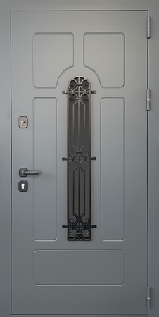 Уличная входная термодверь с узким стеклом, ковкой и рисунком на металле (порошковое окрашивание цвета графит)